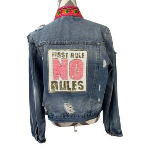Mary Marshmallow Jean Jacket Large First Rule No Rules Sequin Patch Distressed